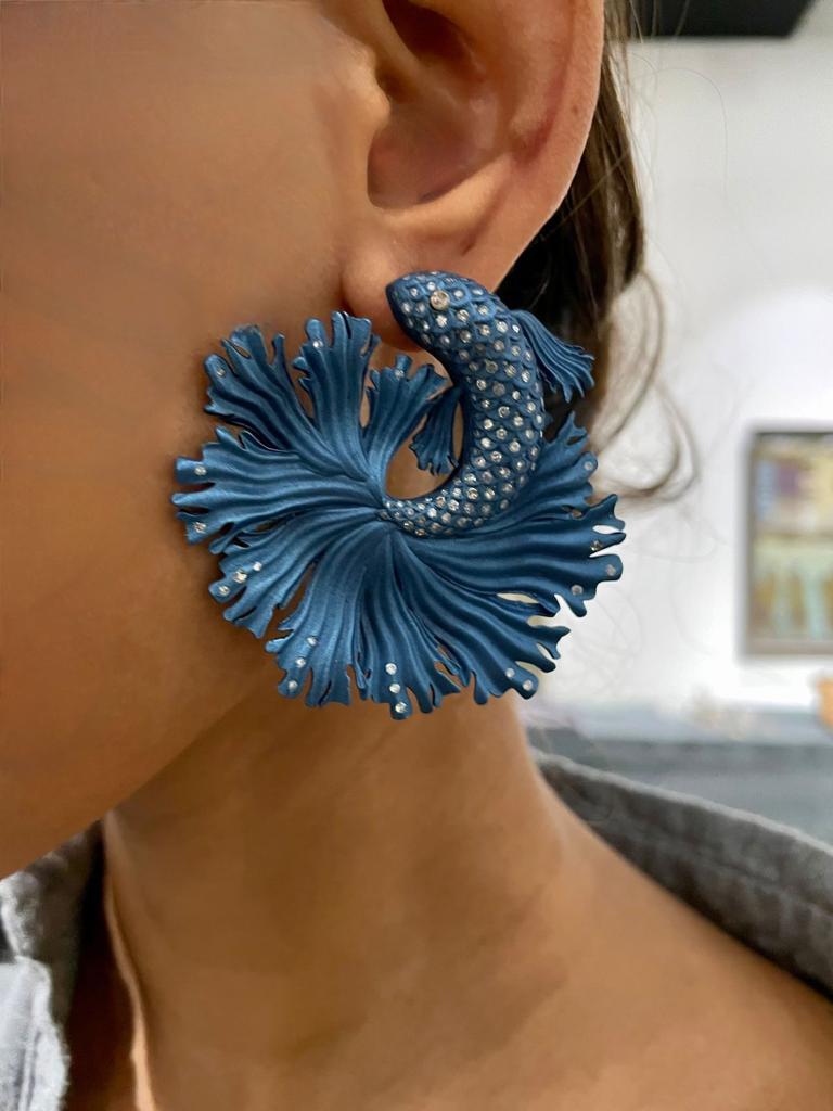 Large Blue Fish Earrings with Daimonds